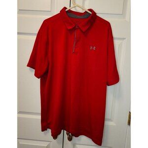 Men Under Armour Red Collared Heatgear Loose Short Sleeve Golf Shirt Size 2XL